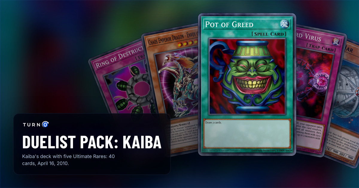 Five of the most valuable Duelist Pack: Kaiba cards fanned out: Ring of Destruction, Chaos Emperor Dragon - Envoy of the End, Pot of Greed in front, Crush Card Virus and Cyber Jar.