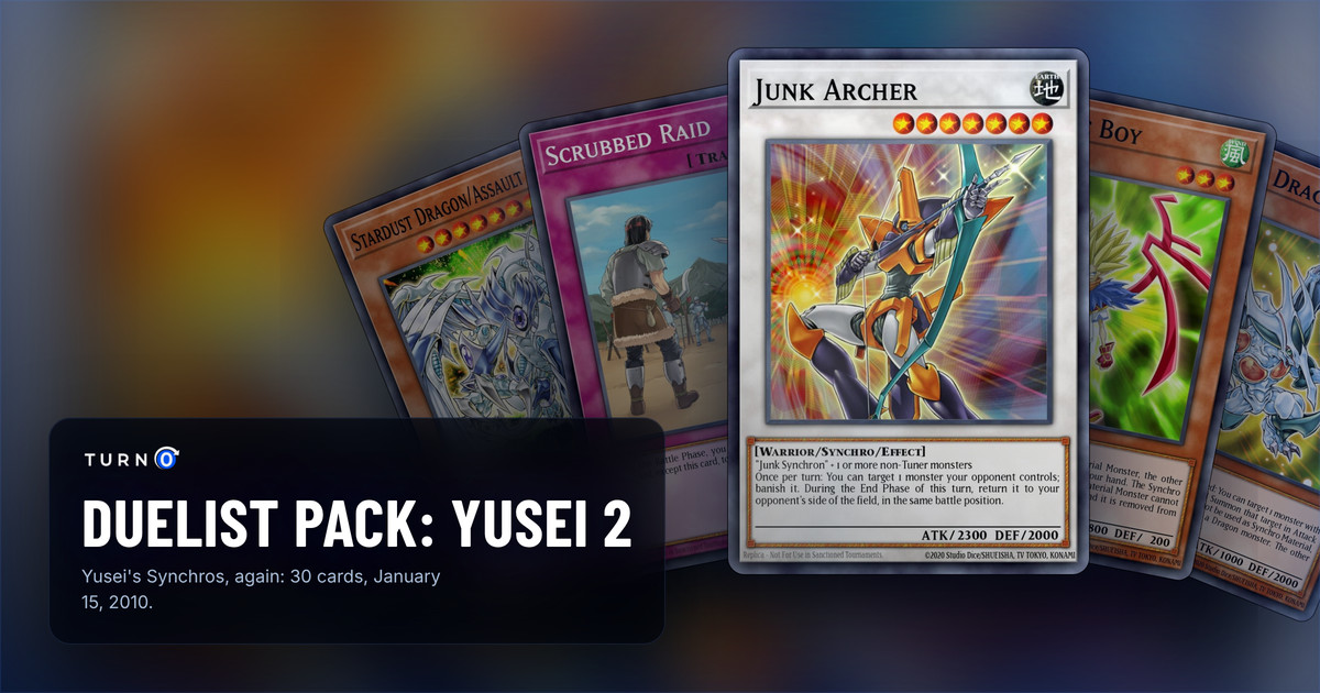 Five of the most valuable Duelist Pack: Yusei 2 cards fanned out: Stardust Dragon/Assault Mode, Scrubbed Raid, Junk Archer in front, Eccentric Boy and Debris Dragon.