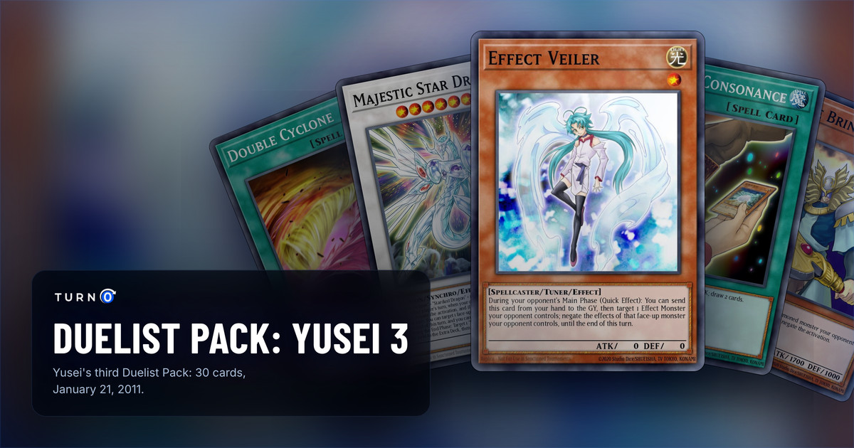 Five of the most valuable Duelist Pack: Yusei 3 cards fanned out: Double Cyclone, Majestic Star Dragon, Effect Veiler in front, Cards of Consonance and Justice Bringer.
