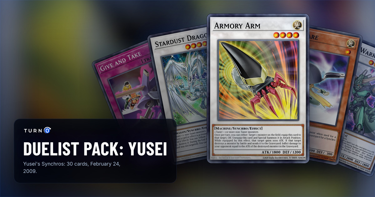 Five of the most valuable Duelist Pack: Yusei cards fanned out: Give and Take, Stardust Dragon, Armory Arm in front, Tuningware and Nitro Warrior.
