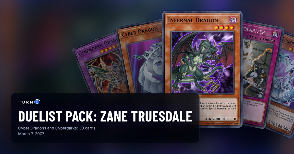 Five of the most valuable Duelist Pack: Zane Truesdale cards fanned out: Cyberdark Dragon, Cyber Dragon, Infernal Dragon in front, Damage Polarizer and Cyber Laser Dragon.