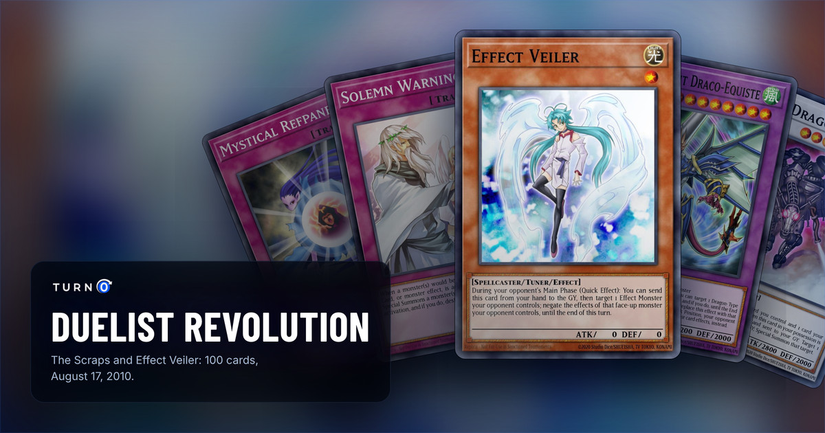 Five of the most valuable Duelist Revolution cards fanned out: Mystical Refpanel, Solemn Warning, Effect Veiler in front, Dragon Knight Draco-Equiste and Scrap Dragon.