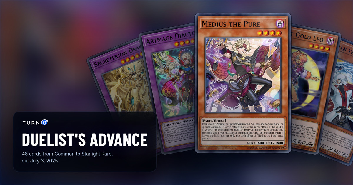 Five of the most valuable Duelist's Advance cards fanned out: Secreterion Dragon, Artmage Diactorus, Medius the Pure in front, Lunalight Gold Leo and Kaibaman the Legend.