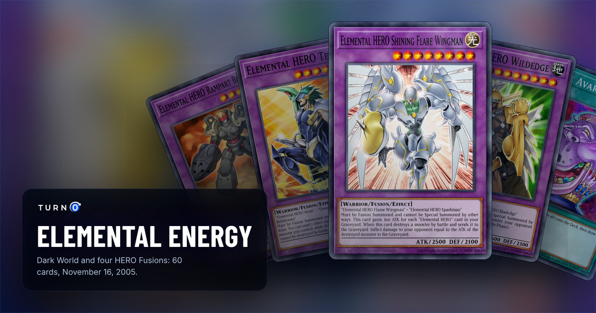 Five of the most valuable Elemental Energy cards fanned out: Elemental HERO Rampart Blaster, Elemental HERO Tempest, Elemental HERO Shining Flare Wingman in front, Elemental HERO Wildedge and Pot of Avarice.