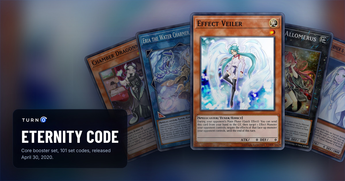 Five of the most valuable Eternity Code cards fanned out: Chamber Dragonmaid, Eria the Water Charmer, Gentle, Effect Veiler in front, Traptrix Allomerus and Ghost Mourner & Moonlit Chill.