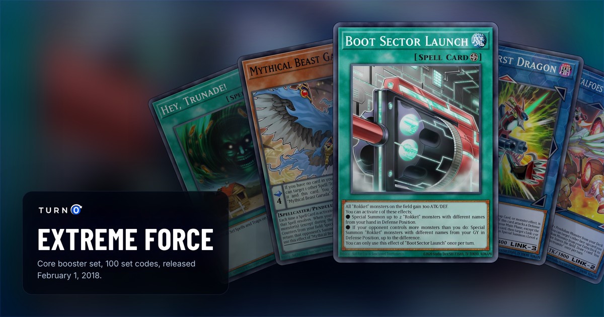 Five of the most valuable Extreme Force cards fanned out: Hey, Trunade!, Mythical Beast Garuda, Boot Sector Launch in front, Triple Burst Dragon and Heavymetalfoes Electrumite.