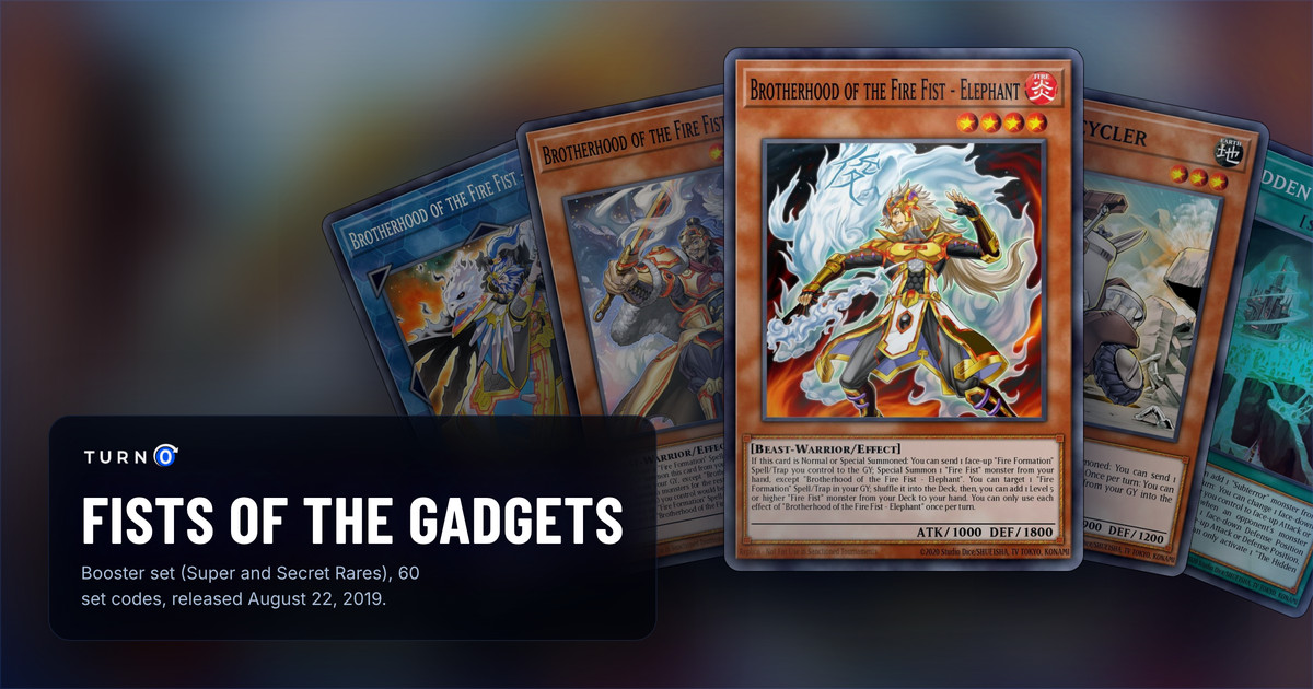 Five of the most valuable Fists of the Gadgets cards fanned out: Brotherhood of the Fire Fist - Eagle, Brotherhood of the Fire Fist - Panda, Brotherhood of the Fire Fist - Elephant in front, Scrap Recycler and The Hidden City.