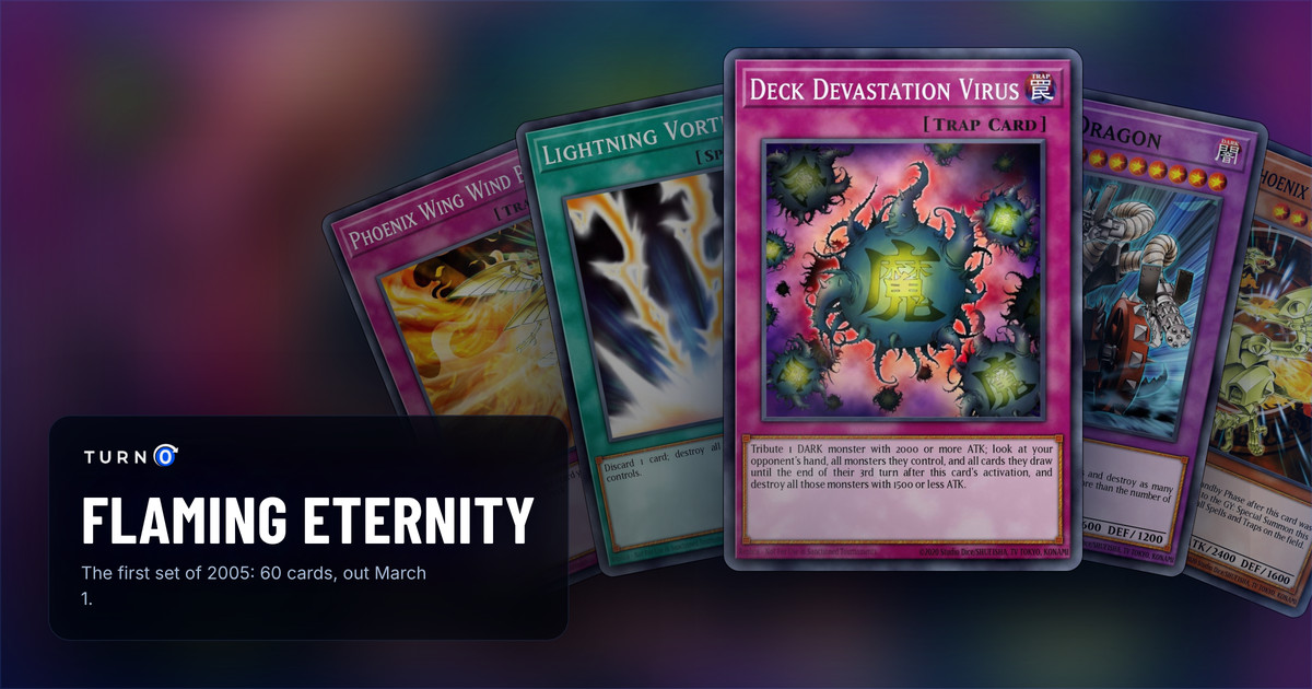 Five of the most valuable Flaming Eternity cards fanned out: Phoenix Wing Wind Blast, Lightning Vortex, Deck Devastation Virus in front, Gatling Dragon and Sacred Phoenix of Nephthys.