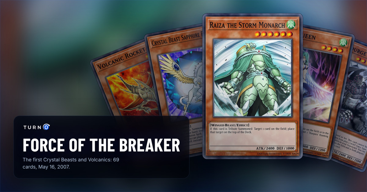 Five of the most valuable Force of the Breaker cards fanned out: Volcanic Rocket, Crystal Beast Sapphire Pegasus, Raiza the Storm Monarch in front, Harpie Queen and Sky Scourge Norleras.
