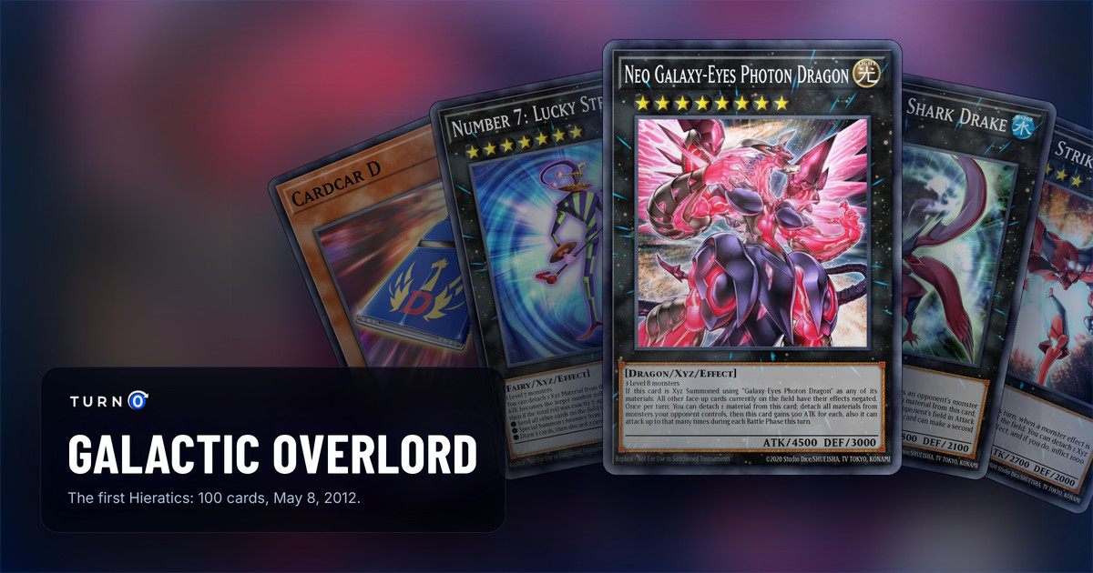 Five of the most valuable Galactic Overlord cards fanned out: Cardcar D, Number 7: Lucky Straight, Neo Galaxy-Eyes Photon Dragon in front, Number 32: Shark Drake and Photon Strike Bounzer.