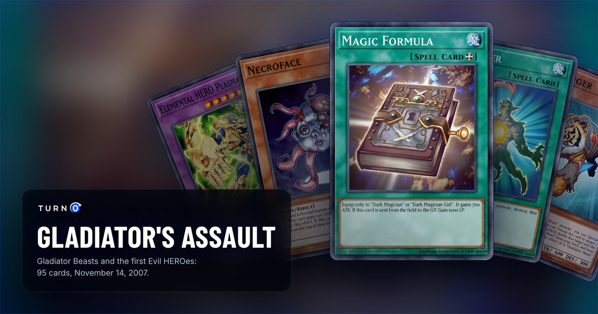 Five of the most valuable Gladiator's Assault cards fanned out: Elemental HERO Plasma Vice, Necroface, Magic Formula in front, Soul Taker and Test Tiger.
