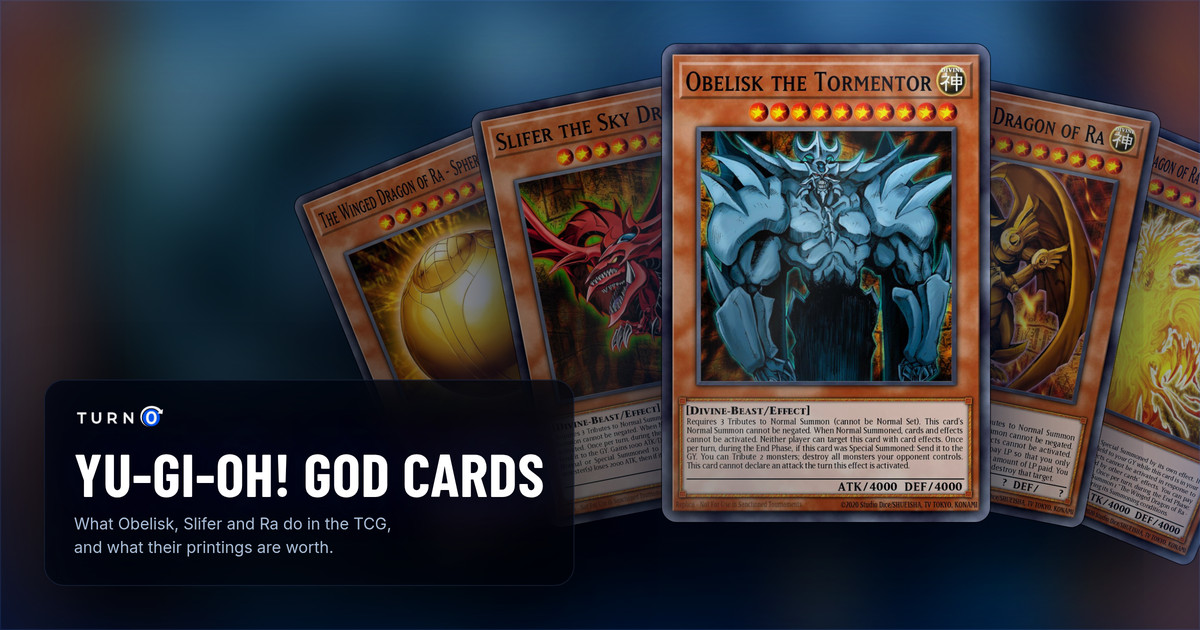 The Egyptian God cards fanned out: The Winged Dragon of Ra - Sphere Mode, Slifer the Sky Dragon, Obelisk the Tormentor in front, The Winged Dragon of Ra and The Winged Dragon of Ra - Immortal Phoenix.
