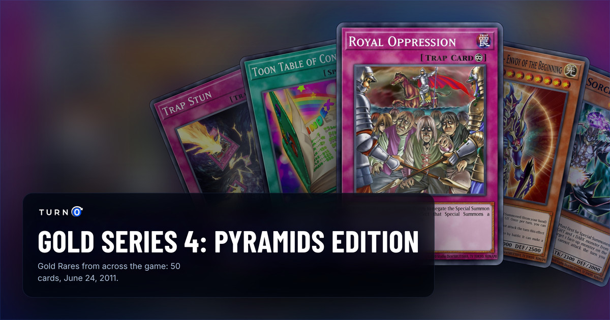 Five of the most valuable Gold Series 4: Pyramids Edition cards fanned out: Trap Stun, Toon Table of Contents, Royal Oppression in front, Black Luster Soldier - Envoy of the Beginning and Chaos Sorcerer.