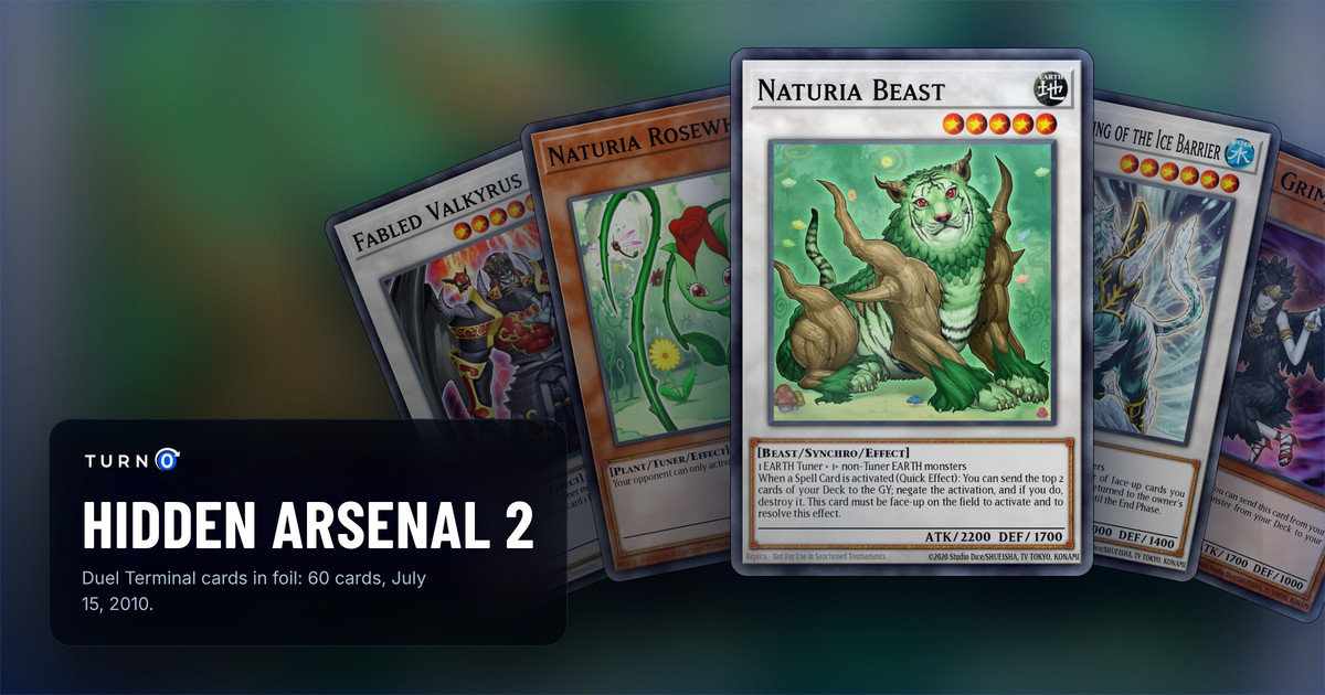 Five of the most valuable Hidden Arsenal 2 cards fanned out: Fabled Valkyrus, Naturia Rosewhip, Naturia Beast in front, Dewloren, Tiger King of the Ice Barrier and Fabled Grimro.