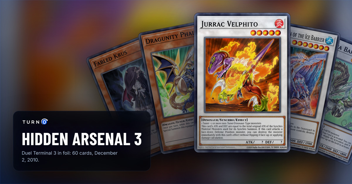 Five of the most valuable Hidden Arsenal 3 cards fanned out: Fabled Krus, Dragunity Phalanx, Jurrac Velphito in front, Gungnir, Dragon of the Ice Barrier and Naturia Barkion.