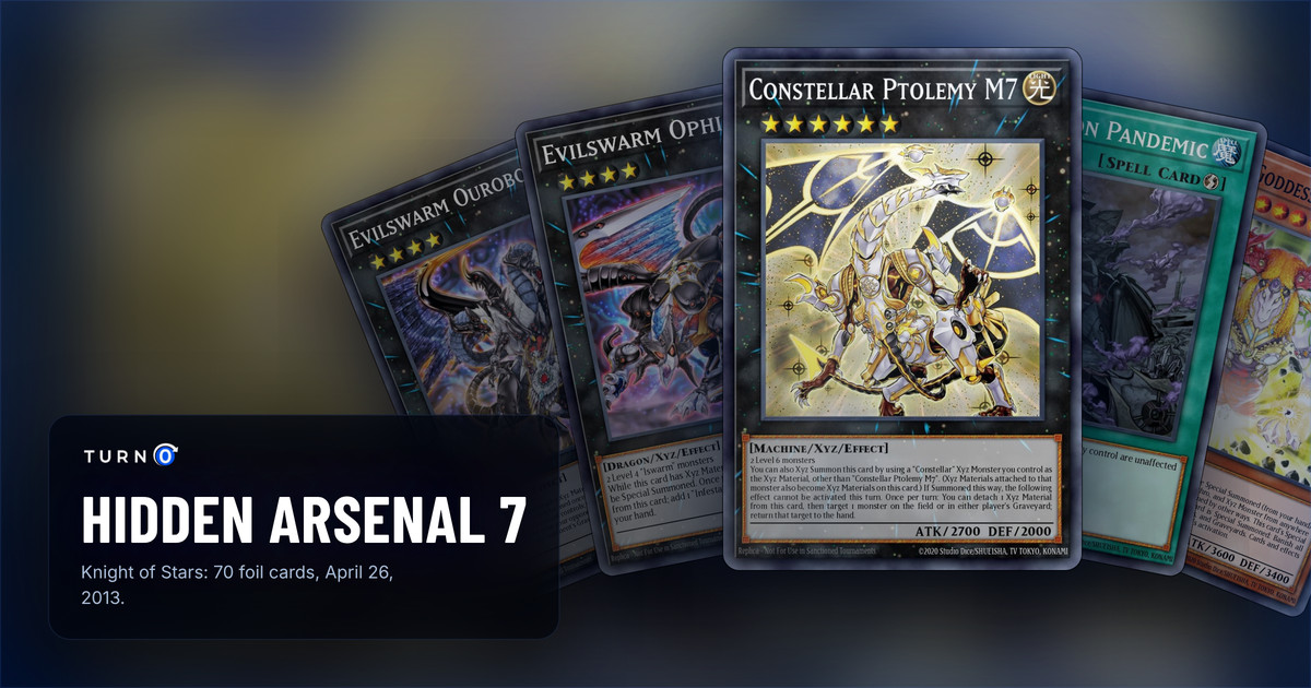 Five of the most valuable Hidden Arsenal 7: Knight of Stars cards fanned out: Evilswarm Ouroboros, Evilswarm Ophion, Constellar Ptolemy M7 in front, Infestation Pandemic and Sophia, Goddess of Rebirth.