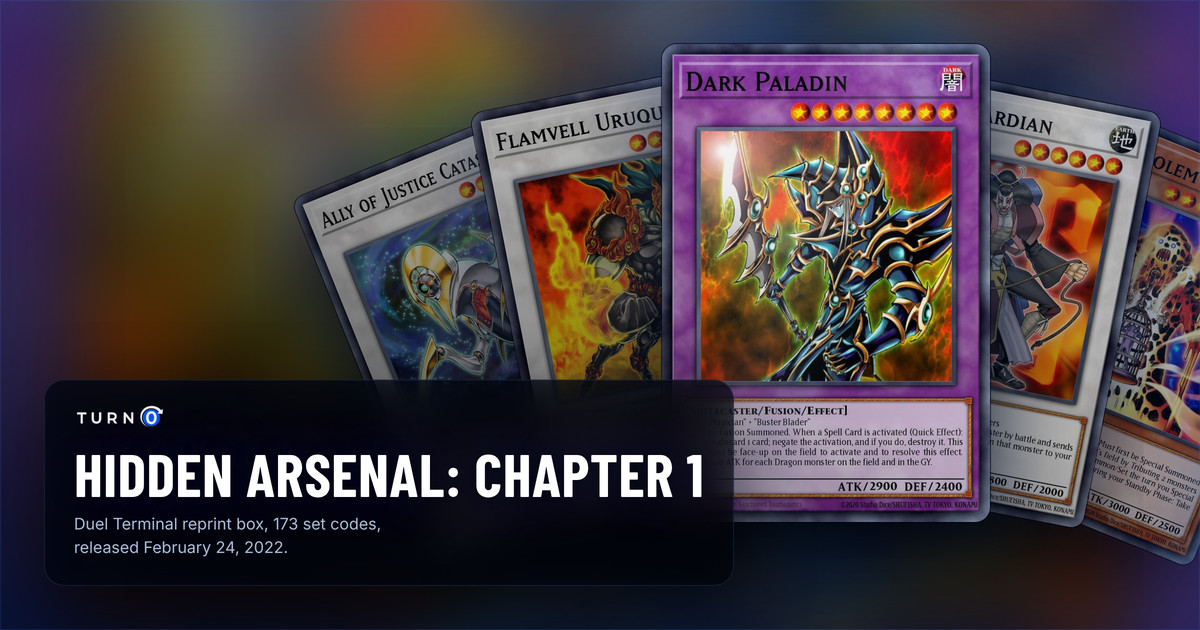 Five of the most valuable Hidden Arsenal: Chapter 1 cards fanned out: Ally of Justice Catastor, Flamvell Uruquizas, Dark Paladin in front, Goyo Guardian and Lava Golem.