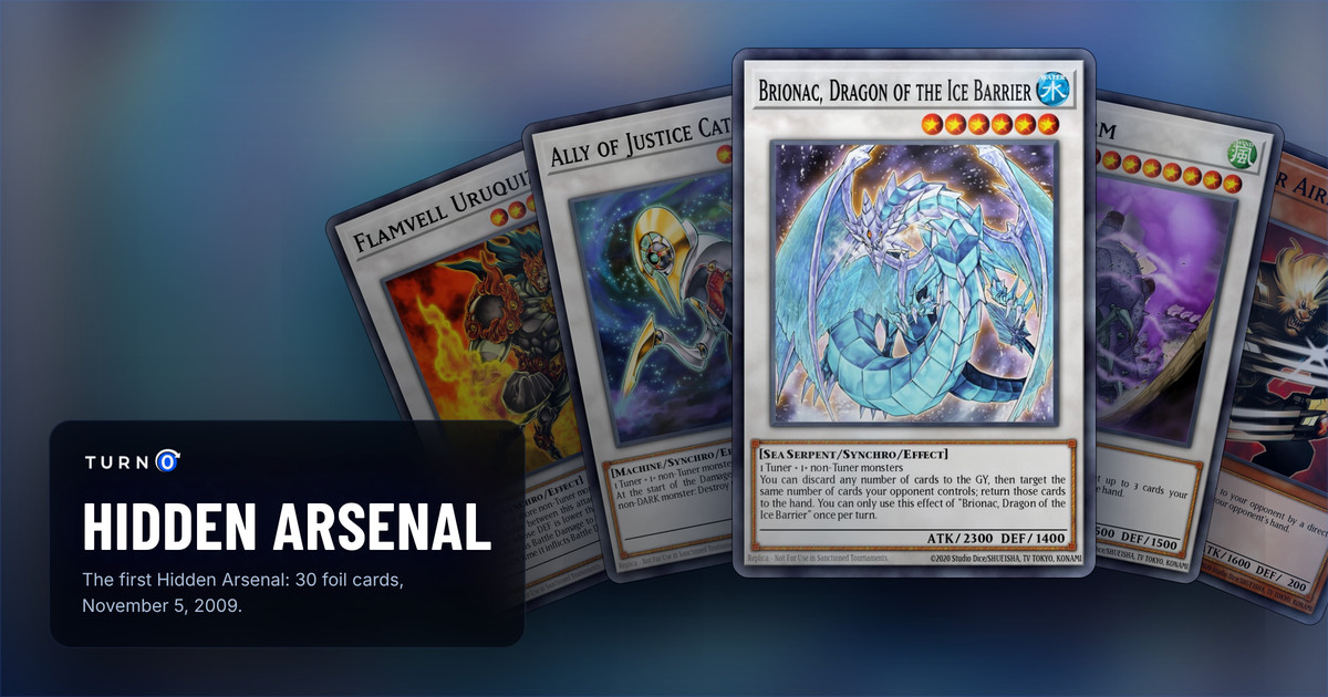 Five of the most valuable Hidden Arsenal cards fanned out: Flamvell Uruquizas, Ally of Justice Catastor, Brionac, Dragon of the Ice Barrier in front, Mist Wurm and X-Saber Airbellum.