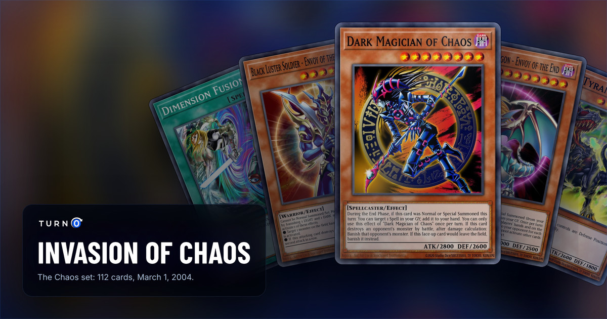 Five of the most valuable Invasion of Chaos cards fanned out: Dimension Fusion, Black Luster Soldier - Envoy of the Beginning, Dark Magician of Chaos in front, Chaos Emperor Dragon - Envoy of the End and Black Tyranno.