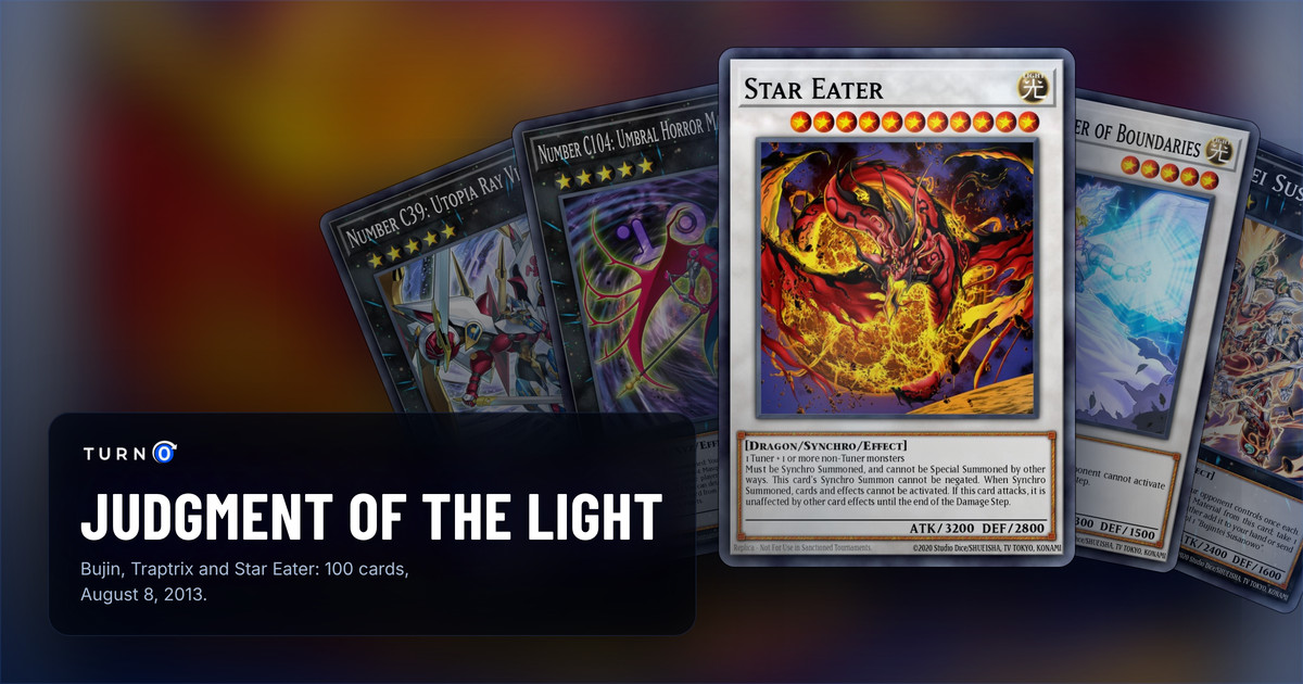 Five of the most valuable Judgment of the Light cards fanned out: Number C39: Utopia Ray Victory, Number C104: Umbral Horror Masquerade, Star Eater in front, Armades, Keeper of Boundaries and Bujintei Susanowo.