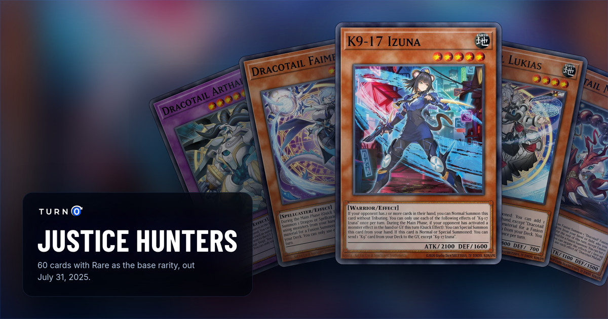 Five of the most valuable Justice Hunters cards fanned out: Dracotail Arthalion, Dracotail Faimena, K9-17 Izuna in front, Dracotail Lukias and Dracotail Mululu.