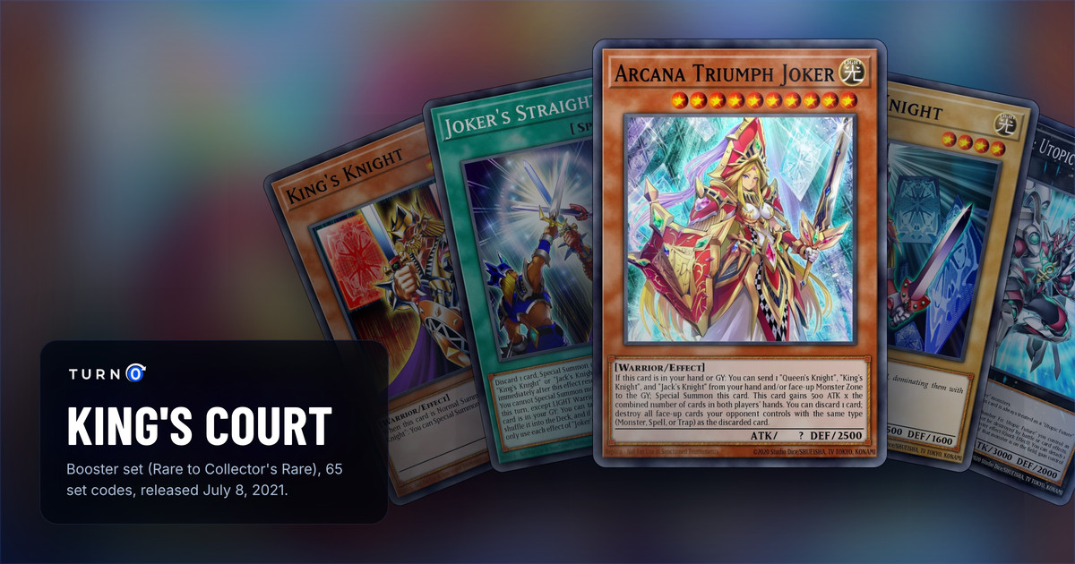 Five of the most valuable King's Court cards fanned out: King's Knight, Joker's Straight, Arcana Triumph Joker in front, Queen's Knight and Number F0: Utopic Draco Future.