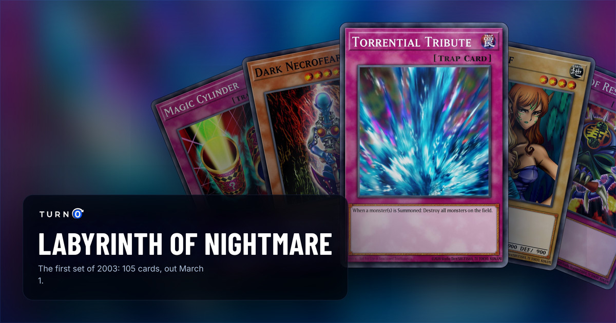 Five of the most valuable Labyrinth of Nightmare cards fanned out: Magic Cylinder, Dark Necrofear, Torrential Tribute in front, Gemini Elf and Mask of Restrict.