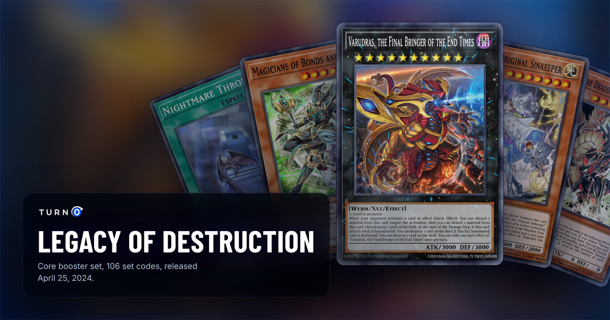 Five of the most valuable Legacy of Destruction cards fanned out: Nightmare Throne, Magicians of Bonds and Unity, Varudras, the Final Bringer of the End Times in front, Diabellze the Original Sinkeeper and Gandora-G the Dragon of Destruction.