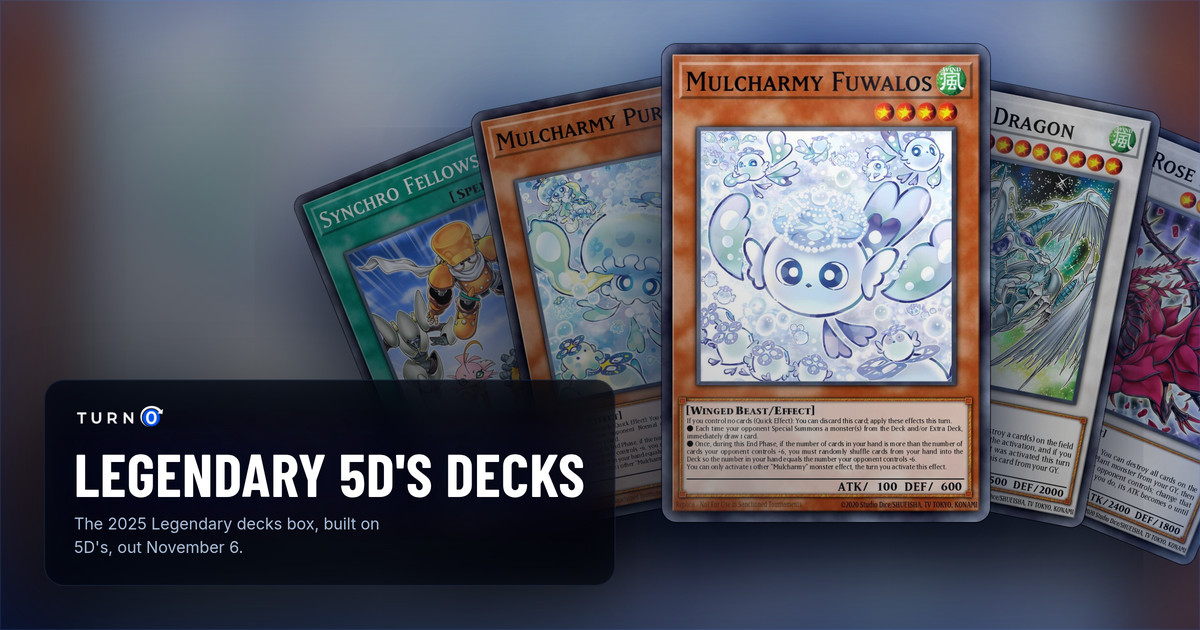 Five of the most valuable Legendary 5D's Decks cards fanned out: Synchro Fellowship, Mulcharmy Purulia, Mulcharmy Fuwalos in front, Stardust Dragon and Black Rose Dragon.