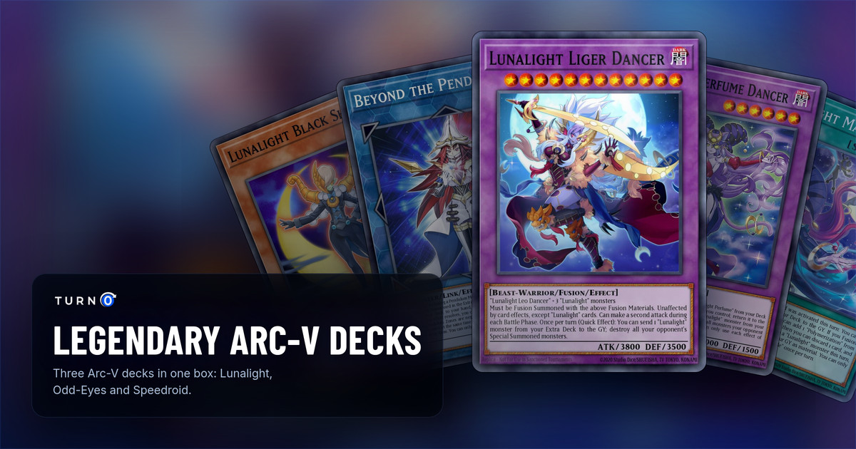Five of the most valuable Legendary Arc-V Decks cards fanned out: Lunalight Black Sheep, Beyond the Pendulum, Lunalight Liger Dancer in front, Lunalight Perfume Dancer and Lunalight Masquerade.