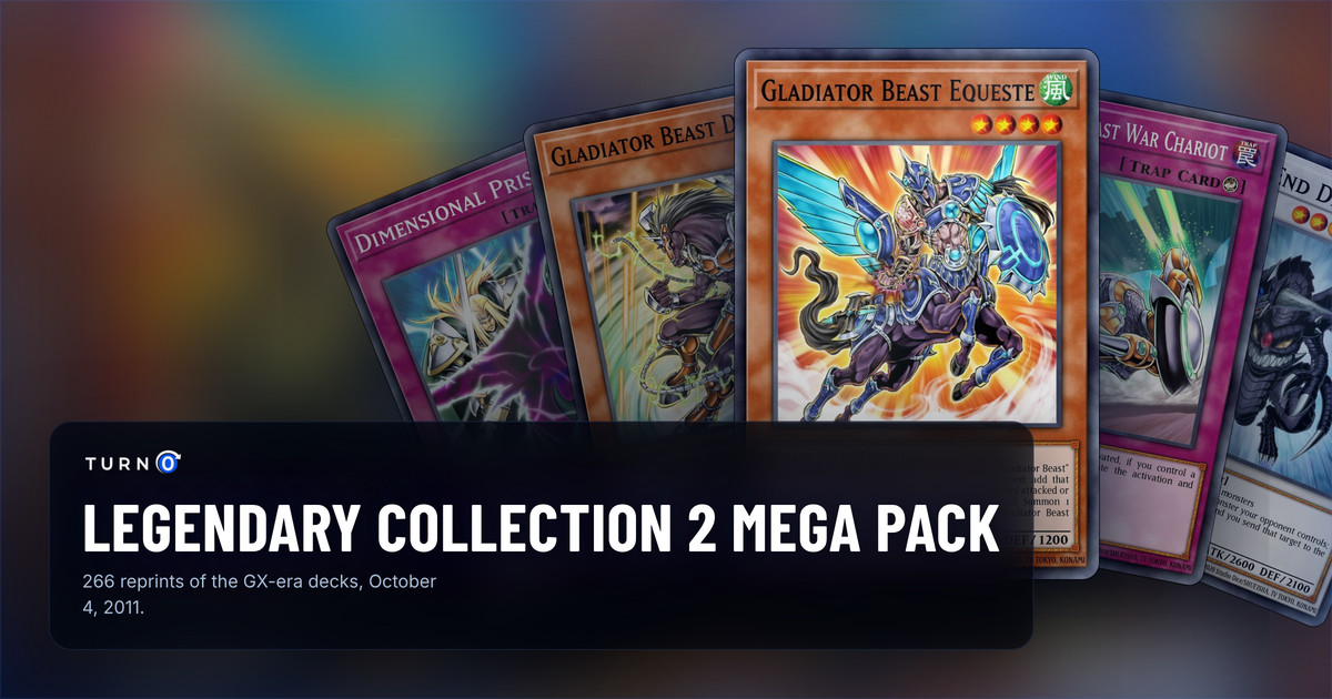 Five of the most valuable Legendary Collection 2: The Duel Academy Years Mega Pack cards fanned out: Dimensional Prison, Gladiator Beast Darius, Gladiator Beast Equeste in front, Gladiator Beast War Chariot and Dark End Dragon.