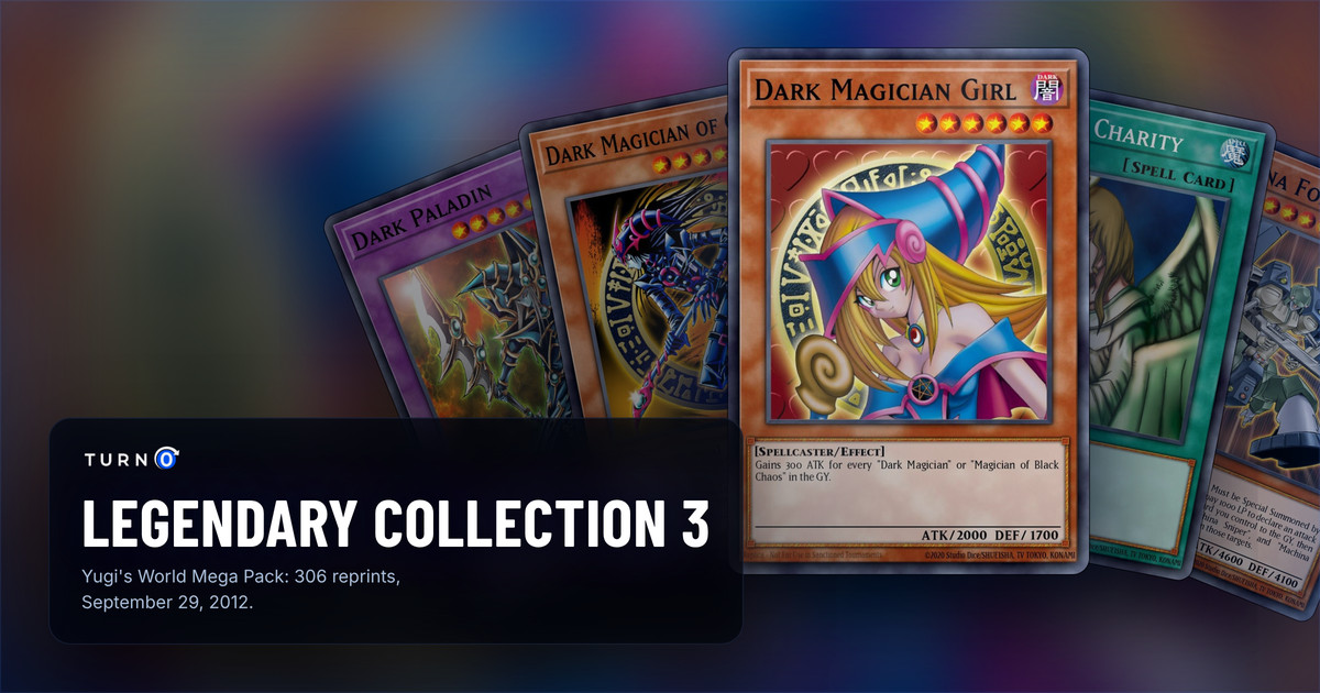 Five of the most valuable Legendary Collection 3: Yugi's World Mega Pack cards fanned out: Dark Paladin, Dark Magician of Chaos, Dark Magician Girl in front, Graceful Charity and Machina Force.