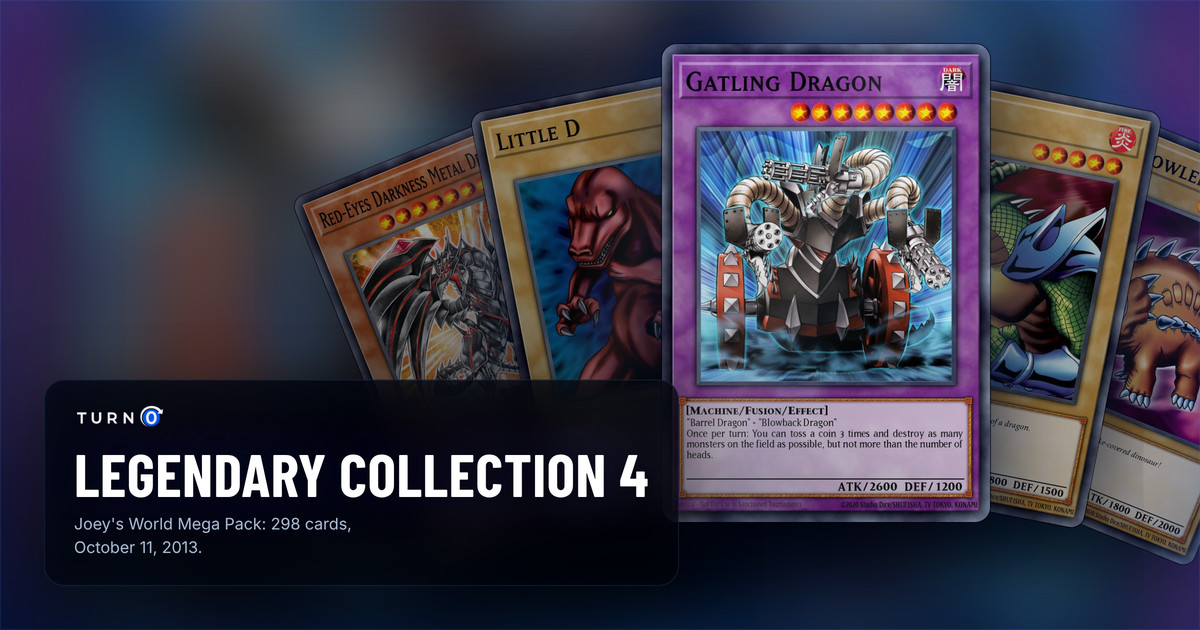 Five of the most valuable Legendary Collection 4: Joey's World Mega Pack cards fanned out: Red-Eyes Darkness Metal Dragon, Little D, Gatling Dragon in front, Garoozis and Megazowler.