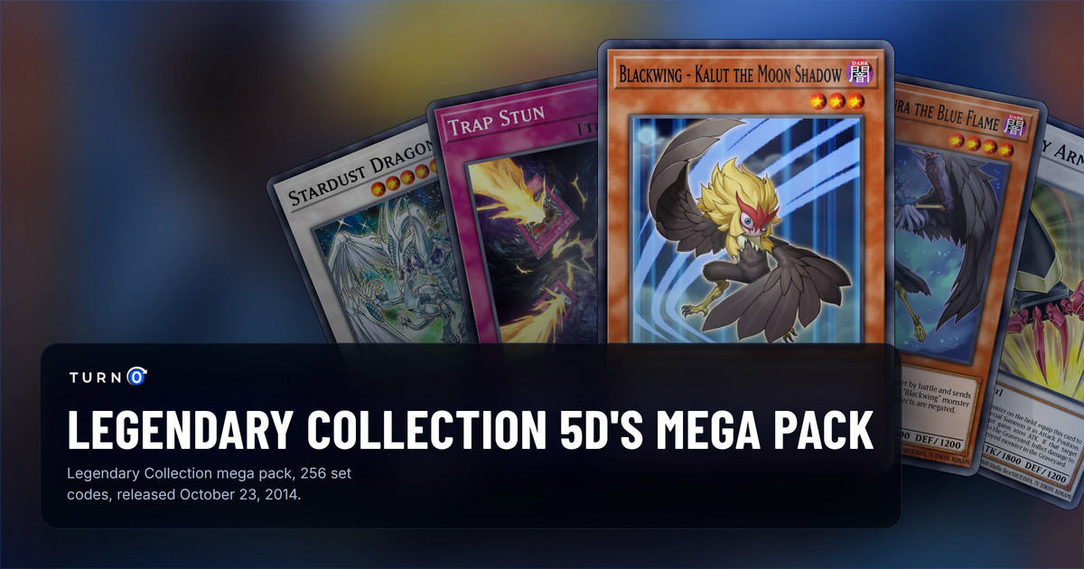 Five of the most valuable Legendary Collection 5D's Mega Pack cards fanned out: Stardust Dragon, Trap Stun, Blackwing - Kalut the Moon Shadow in front, Blackwing - Shura the Blue Flame and Armory Arm.