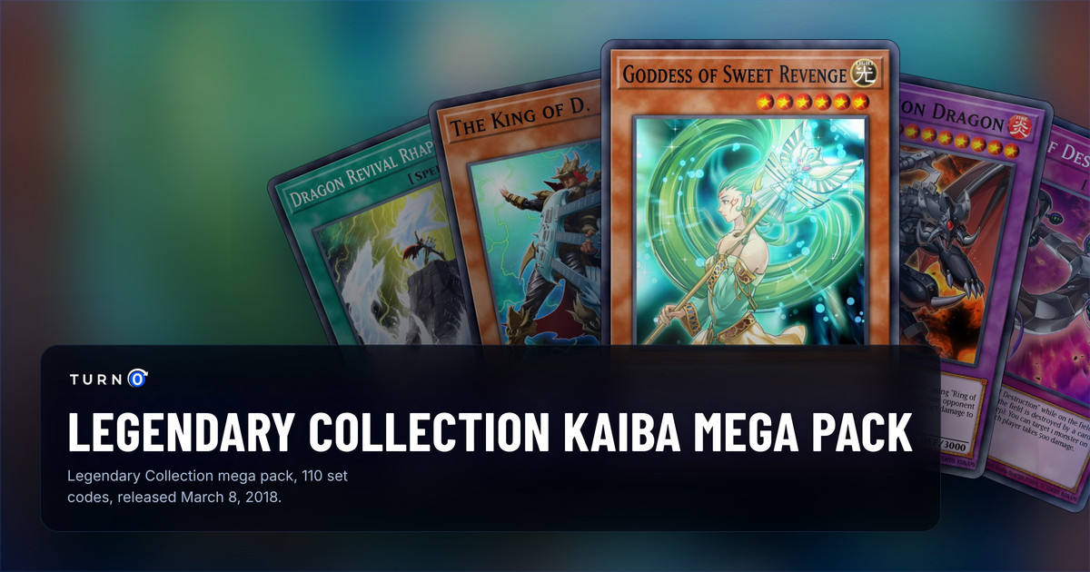 Five Legendary Collection Kaiba Mega Pack cards fanned out: Dragon Revival Rhapsody, The King of D., Goddess of Sweet Revenge in front, Destruction Dragon and Loop of Destruction.