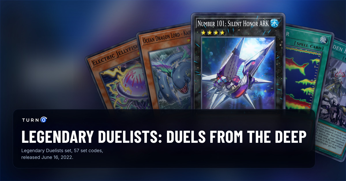 Five of the most valuable Legendary Duelists: Duels From the Deep cards fanned out: Electric Jellyfish, Ocean Dragon Lord - Kairyu-Shin, Number 101: Silent Honor ARK in front, Fish Sonar and Forbidden Droplet.