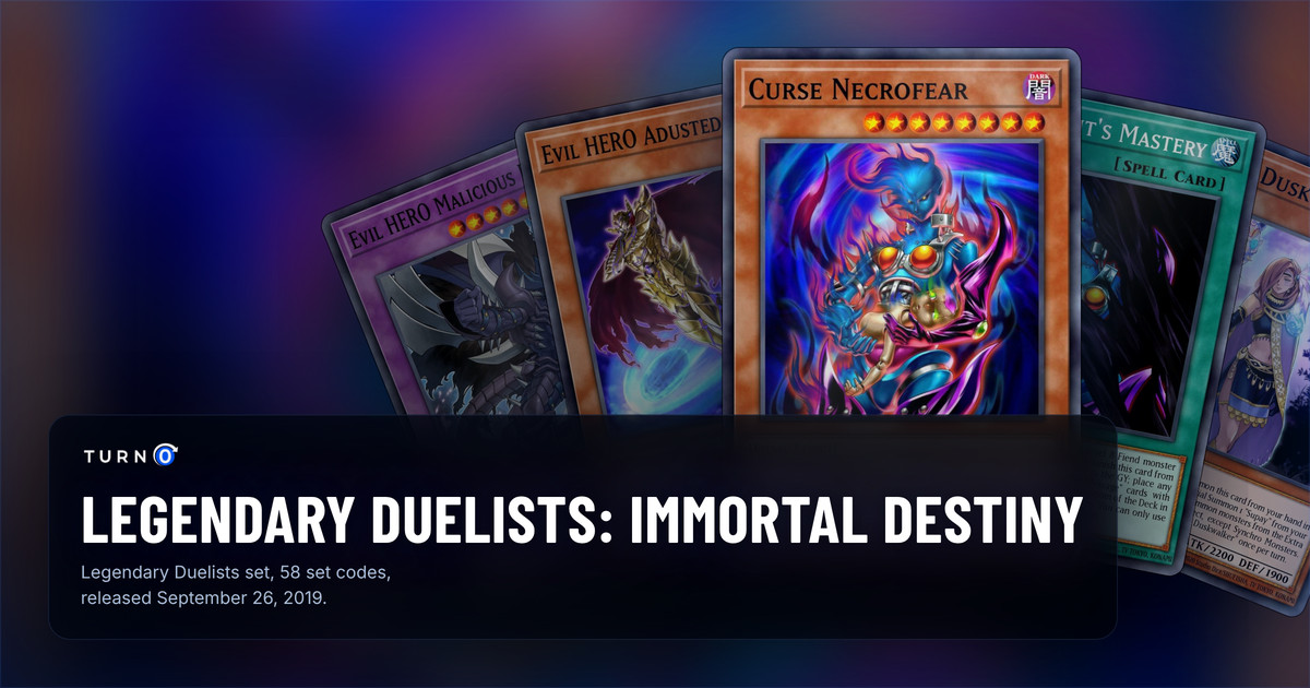Five of the most valuable Legendary Duelists: Immortal Destiny cards fanned out: Evil HERO Malicious Bane, Evil HERO Adusted Gold, Curse Necrofear in front, Dark Spirit's Mastery and Supay, Duskwalker.