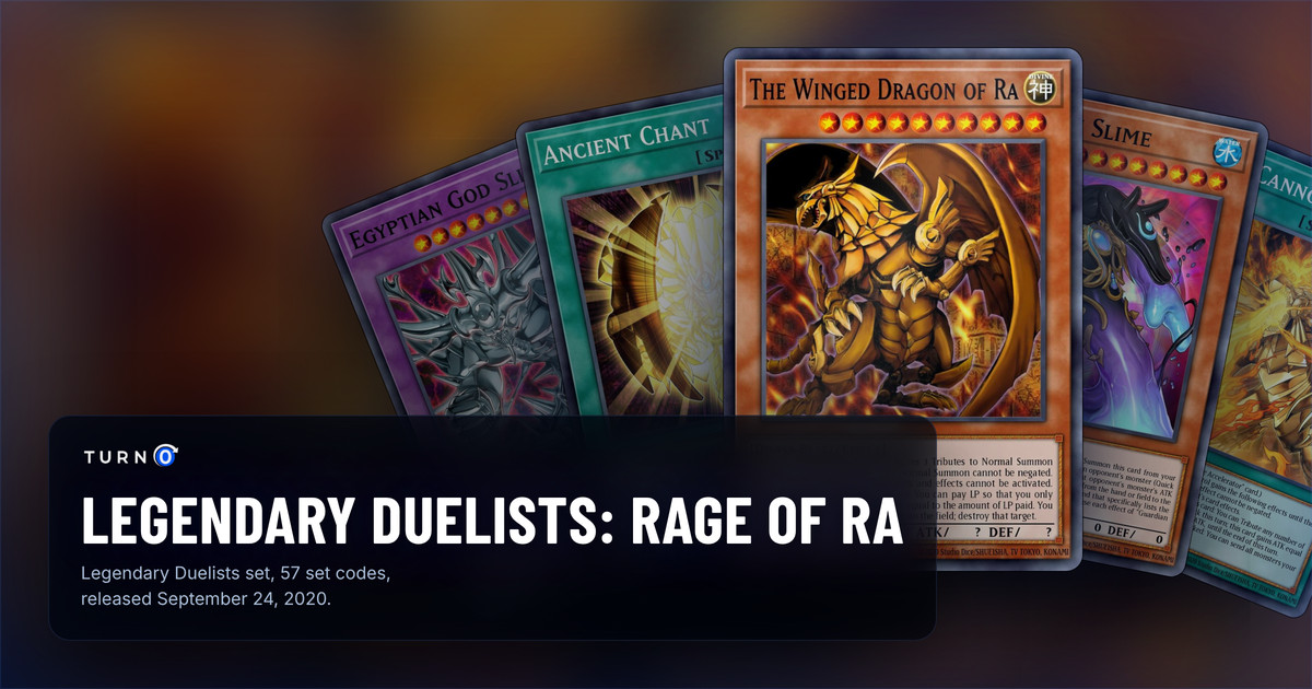 Five of the most valuable Legendary Duelists: Rage of Ra cards fanned out: Egyptian God Slime, Ancient Chant, The Winged Dragon of Ra in front, Guardian Slime and Blaze Cannon.