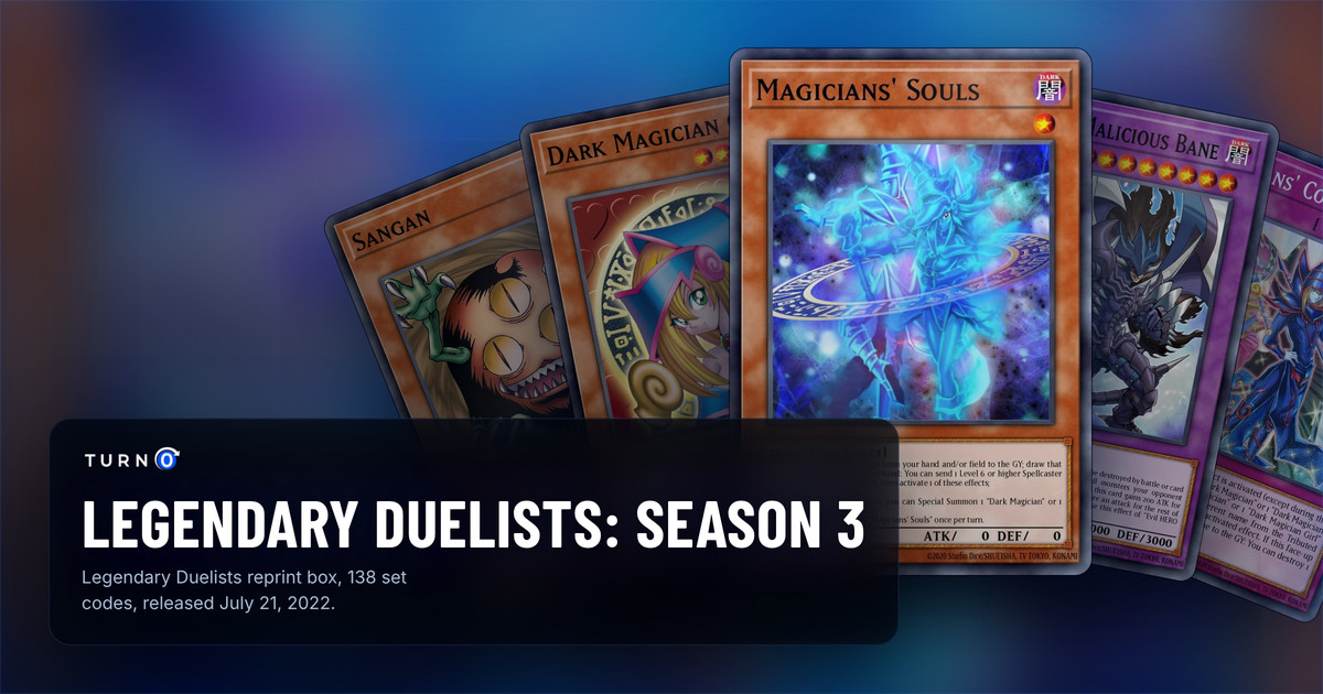 Five of the most valuable Legendary Duelists: Season 3 cards fanned out: Sangan, Dark Magician Girl, Magicians' Souls in front, Evil HERO Malicious Bane and Magicians' Combination.
