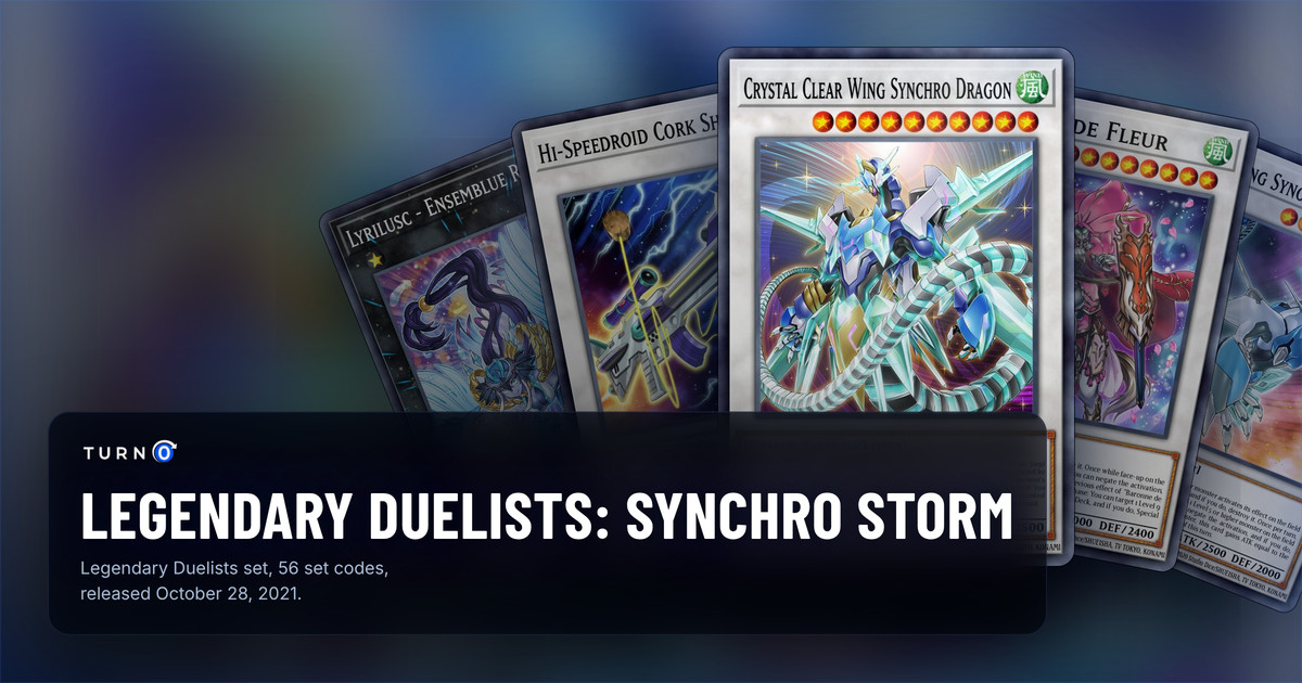Five of the most valuable Legendary Duelists: Synchro Storm cards fanned out: Lyrilusc - Ensemblue Robin, Hi-Speedroid Cork Shooter, Crystal Clear Wing Synchro Dragon in front, Baronne de Fleur and Clear Wing Synchro Dragon.