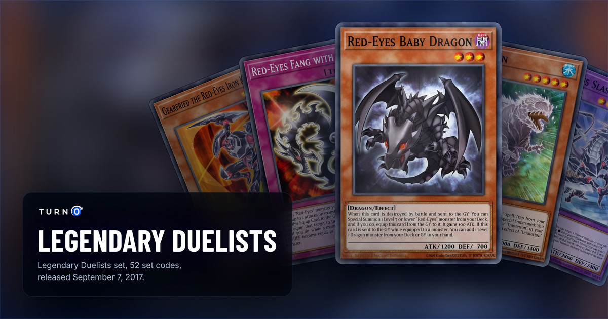 Five of the most valuable Legendary Duelists cards fanned out: Gearfried the Red-Eyes Iron Knight, Red-Eyes Fang with Chain, Red-Eyes Baby Dragon in front, Duoterion and Red-Eyes Slash Dragon.