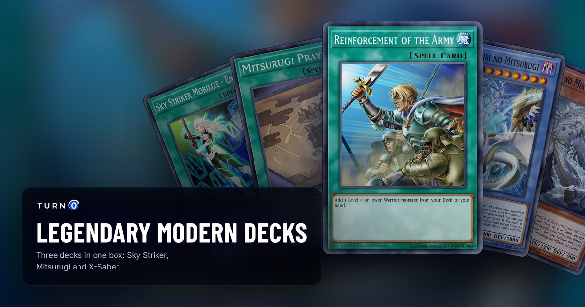 Five of the most valuable Legendary Modern Decks 2026 cards fanned out: Sky Striker Mobilize - Engage!, Mitsurugi Prayers, Reinforcement of the Army in front, Ame no Habakiri no Mitsurugi and Mitsurugi no Mikoto, Aramasa.