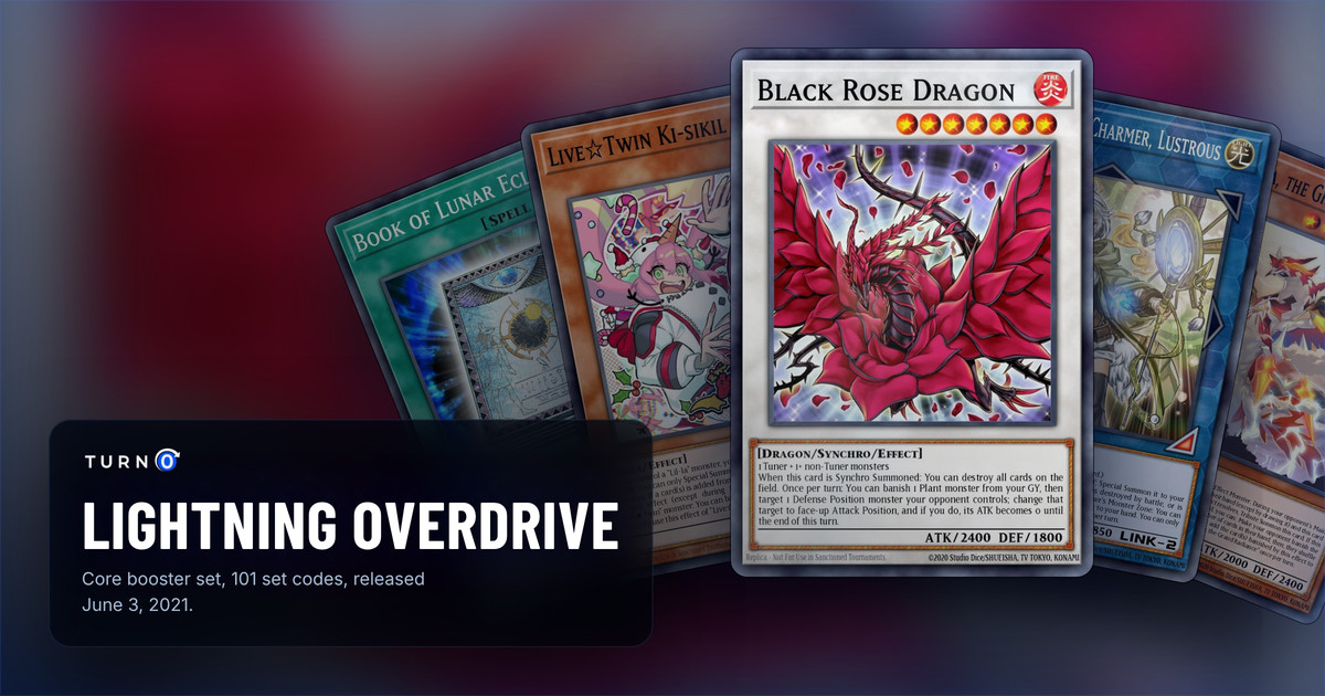 Five of the most valuable Lightning Overdrive cards fanned out: Book of Lunar Eclipse, Live☆Twin Ki-sikil Frost, Black Rose Dragon in front, Lyna the Light Charmer, Lustrous and Bahalutiya, the Grand Radiance.