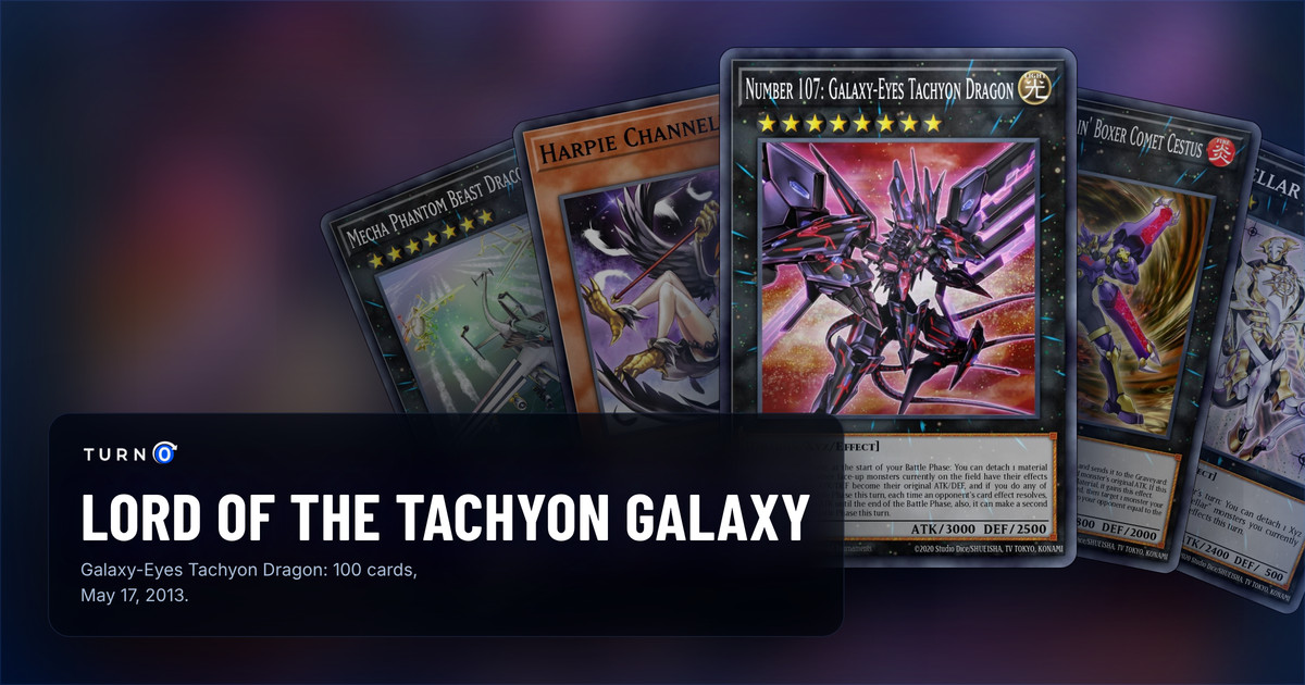 Five of the most valuable Lord of the Tachyon Galaxy cards fanned out: Mecha Phantom Beast Dracossack, Harpie Channeler, Number 107: Galaxy-Eyes Tachyon Dragon in front, Number C105: Battlin' Boxer Comet Cestus and Constellar Omega.