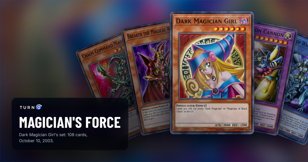 Five of the most valuable Magician's Force cards fanned out: Chaos Command Magician, Breaker the Magical Warrior, Dark Magician Girl in front, XYZ-Dragon Cannon and Paladin of White Dragon.