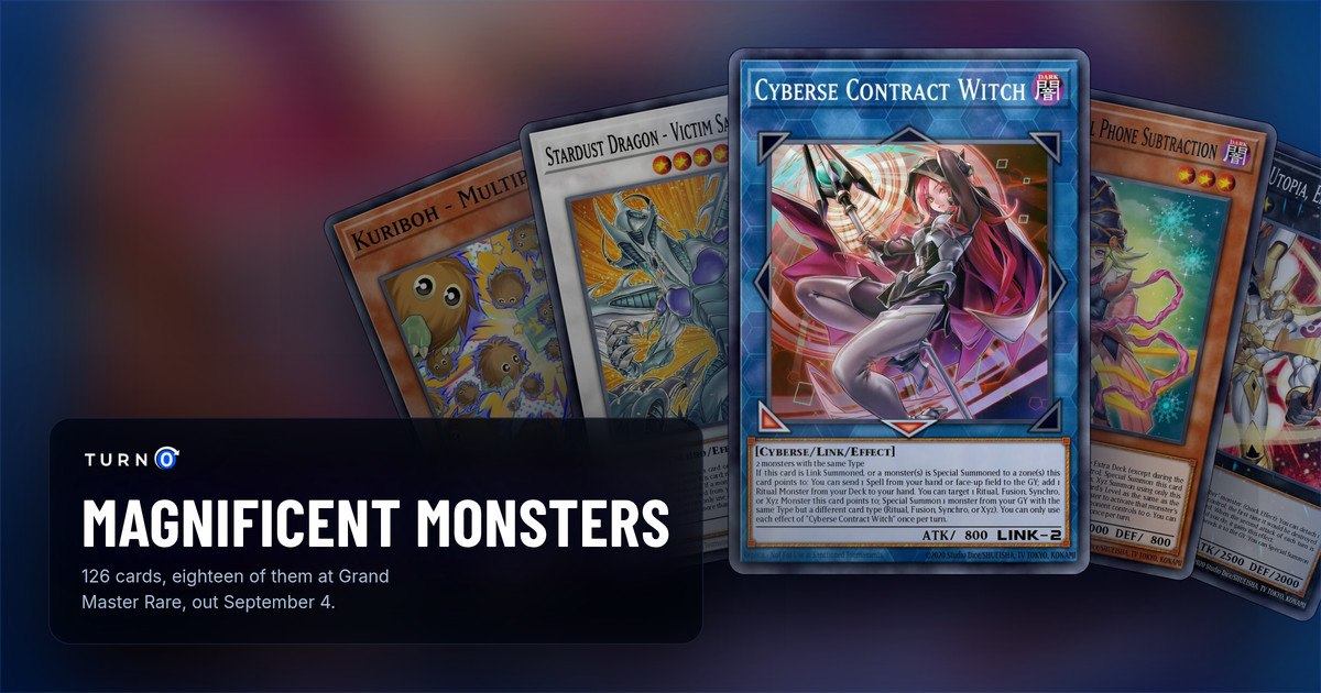 Five of the most valuable Magnificent Monsters cards fanned out: Kuriboh - Multiply!, Stardust Dragon - Victim Sanctuary, Cyberse Contract Witch in front, Gagaga Girl - Cell Phone Subtraction and Number 39: Utopia, Emissary of Light.