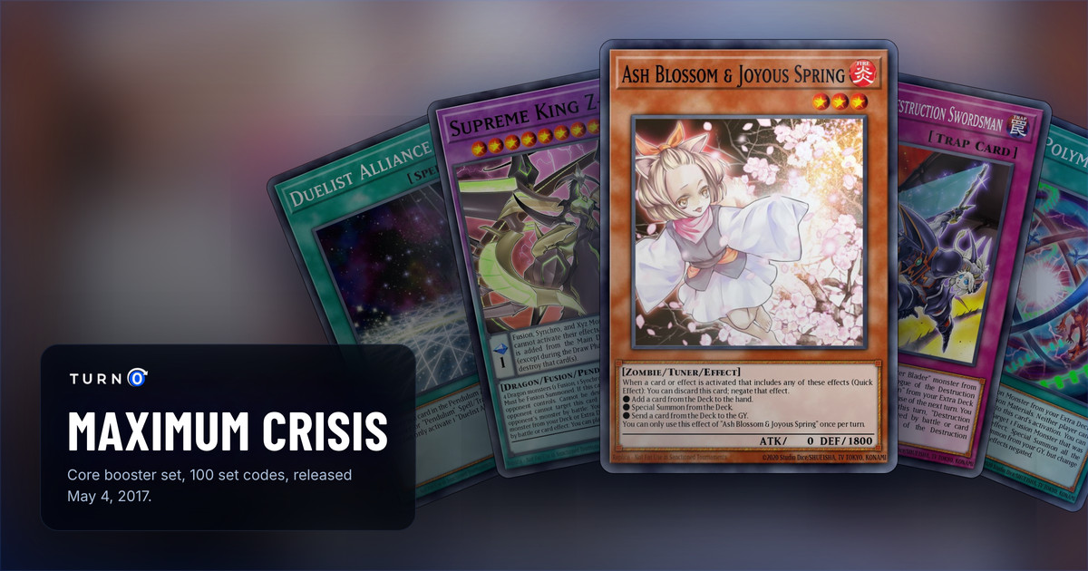 Five of the most valuable Maximum Crisis cards fanned out: Duelist Alliance, Supreme King Z-ARC, Ash Blossom & Joyous Spring in front, Prologue of the Destruction Swordsman and Ultra Polymerization.