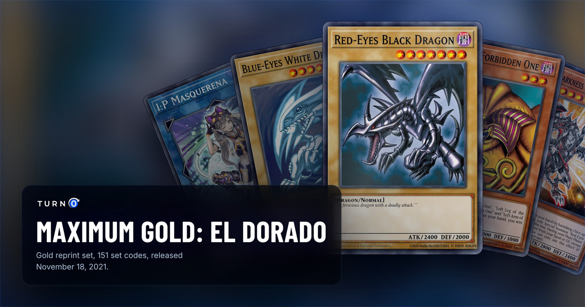 Five of the most valuable Maximum Gold: El Dorado cards fanned out: I:P Masquerena, Blue-Eyes White Dragon, Red-Eyes Black Dragon in front, Exodia the Forbidden One and Red-Eyes Darkness Metal Dragon.