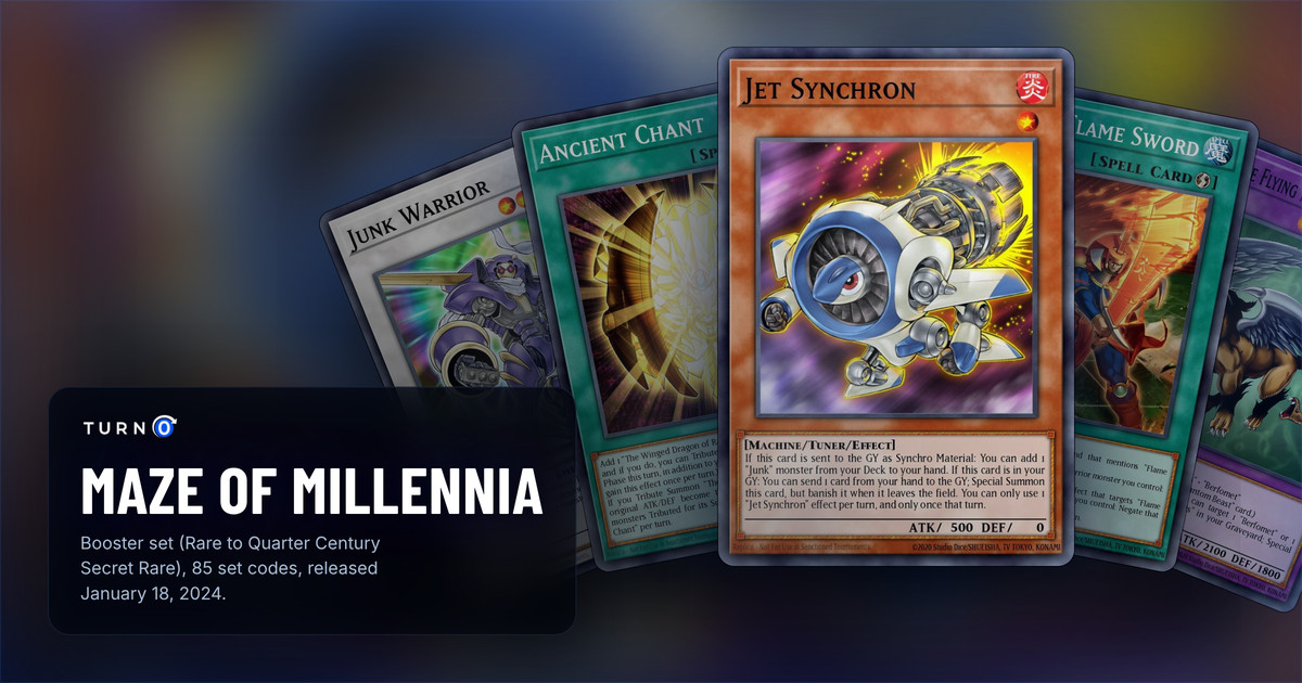 Five of the most valuable Maze of Millennia cards fanned out: Junk Warrior, Ancient Chant, Jet Synchron in front, Fighting Flame Sword and Chimera the Flying Mythical Beast.