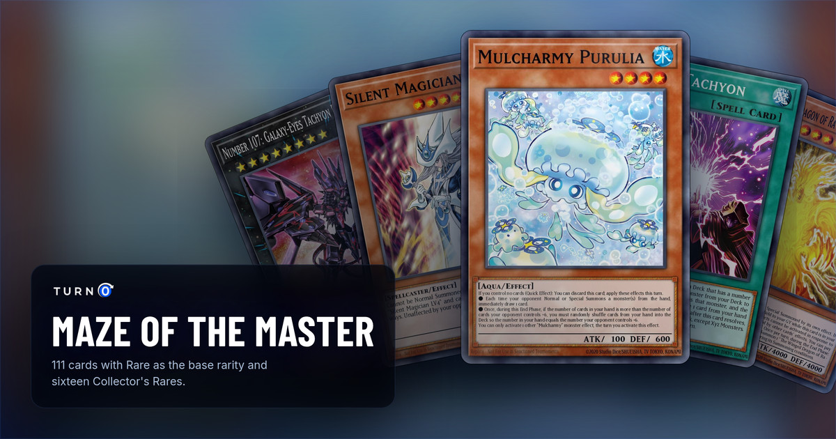 Five of the most valuable Maze of the Master cards fanned out: Number 107: Galaxy-Eyes Tachyon Dragon, Silent Magician LV8, Mulcharmy Purulia in front, Seventh Tachyon and The Winged Dragon of Ra - Immortal Phoenix.